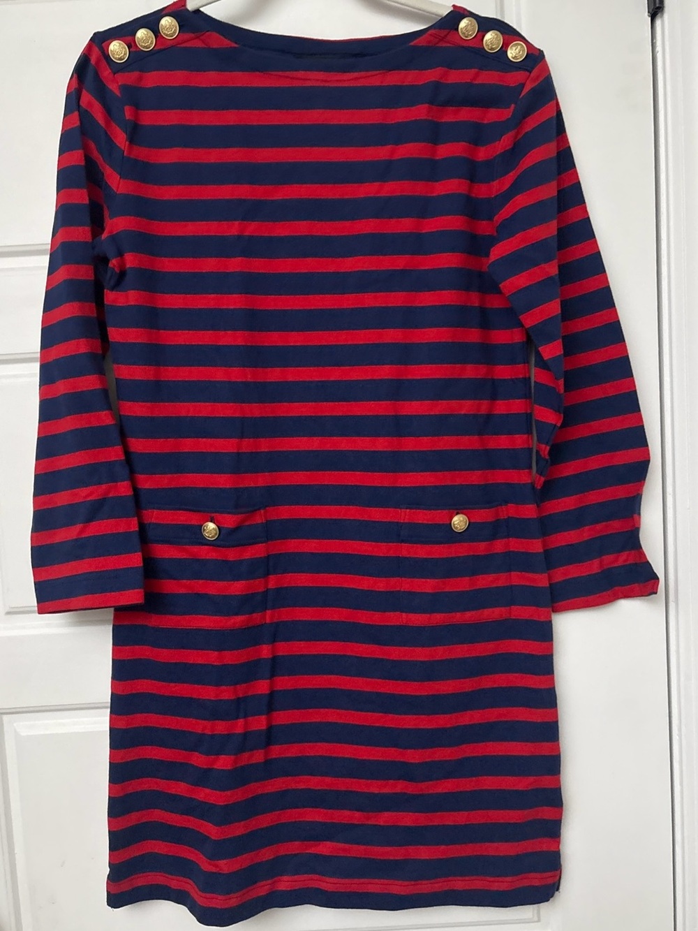 J.Crew || Mariner Cloth Shirt-Dress Gold Buttons Red Navy Stripes XS NEW